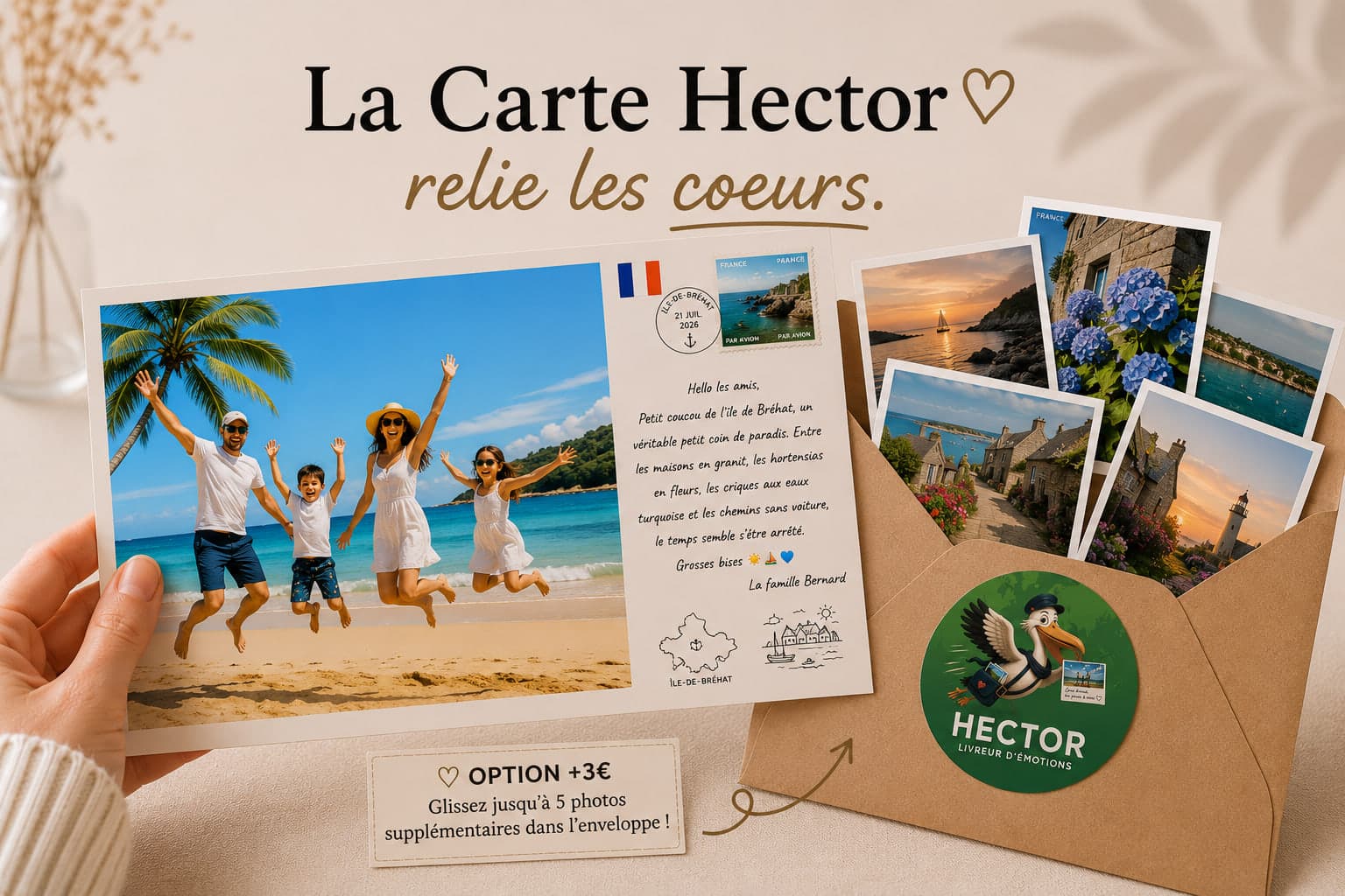 The Hector Card: photo card held in hand with family beach photo, handwritten note, stamps, Hector kraft envelope and +€3 option for up to 5 extra photos.